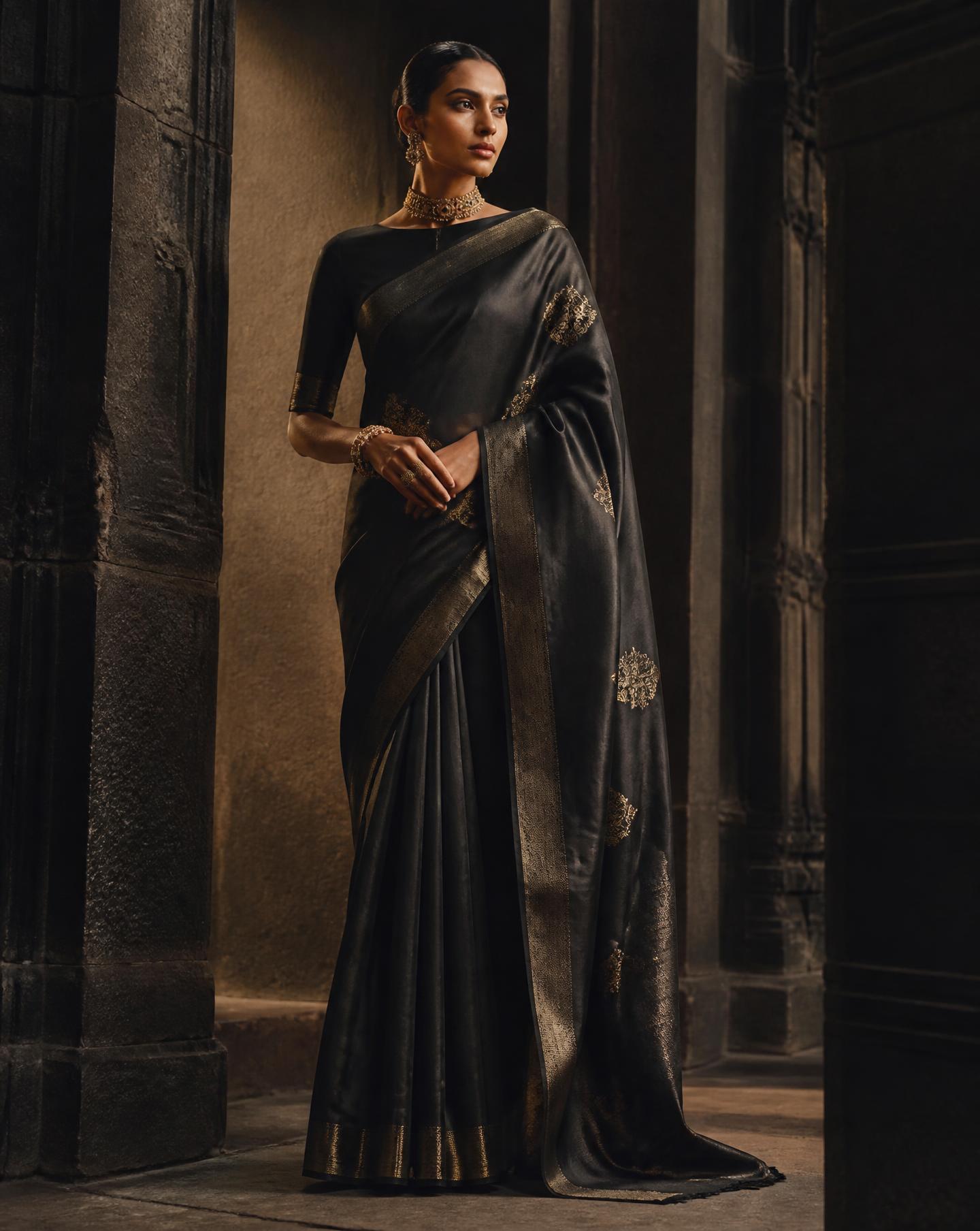 Model wearing a black and gold kasavu saree from Thraya Designs, Kochi