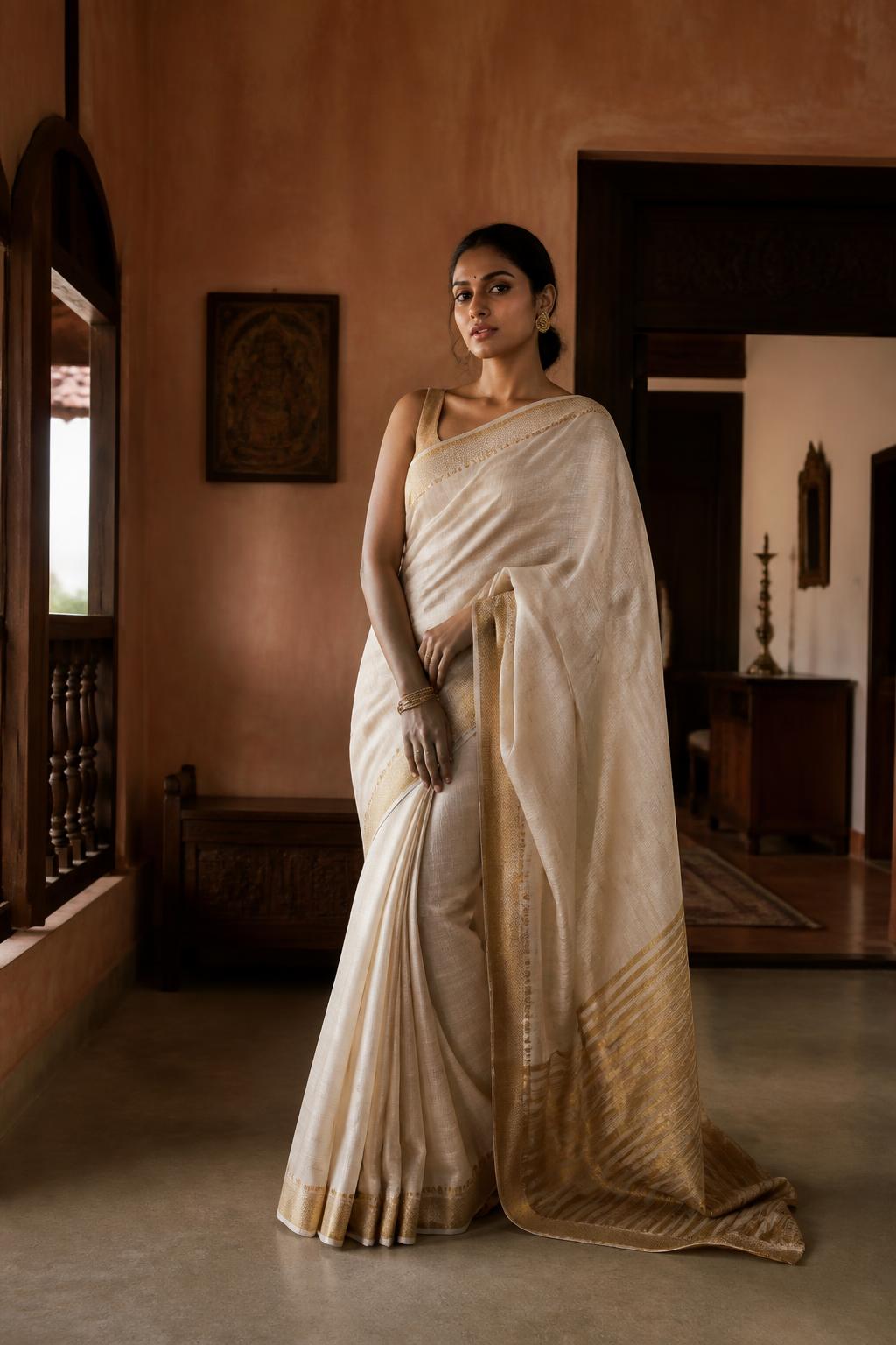 Model in a hand-finished ivory kasavu saree from Thraya Designs