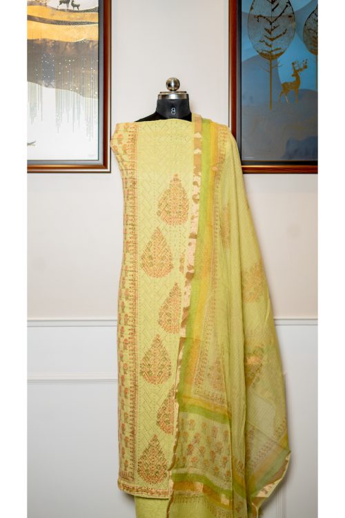 Golden Lotus – Chiken Embroidered Brocade & Mul Dupatta