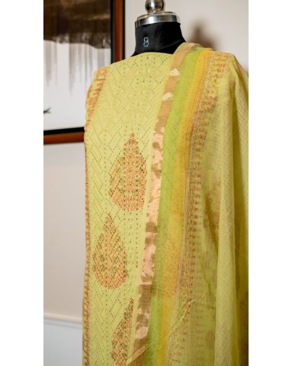 Golden Lotus – Chiken Embroidered Brocade & Mul Dupatta - Image 2