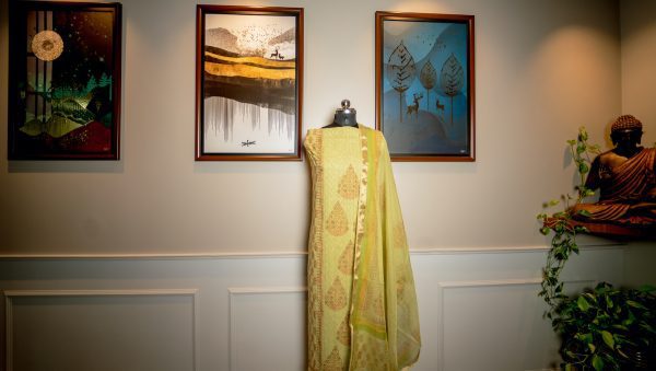Golden Lotus – Chiken Embroidered Brocade & Mul Dupatta - Image 3
