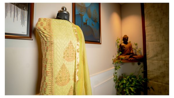 Golden Lotus – Chiken Embroidered Brocade & Mul Dupatta - Image 4