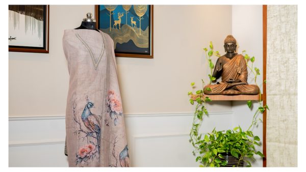 Peacock Petals – Elegant Linen Ensemble - Image 5