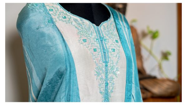 Elegant Pearl-Work Pure Muslin Churidar Set - Image 4