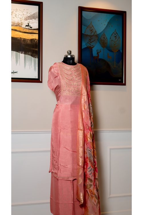 Rosewood & Gold – Muslin Elegance with Banaras Dupatta